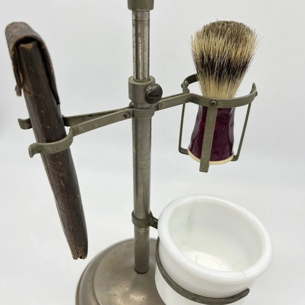 Antique Edwardian‎ Telescoping Brass Shaving Stand Mirror Brush Cup Razor